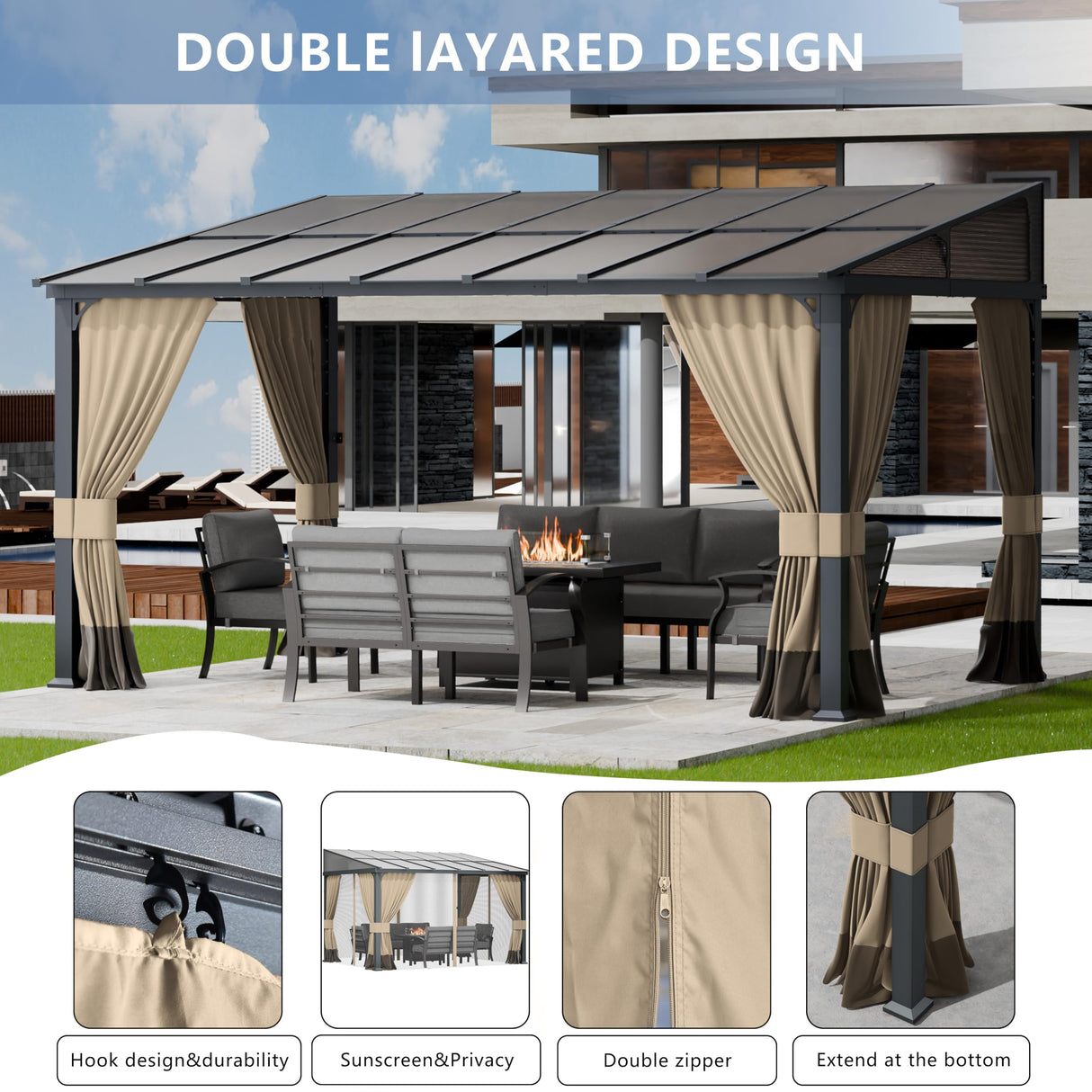 ASJMR 10x14FT Gazebo, Hardtop Wall Mounted Gazebo with Sloping Sun Panel Roof, Awnings for Patio with Metal Frame, Double Curtains for Garden, Lawn, Backyard Deck, Sand ASJMR