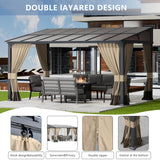 ASJMR 10x14FT Gazebo, Hardtop Wall Mounted Gazebo with Sloping Sun Panel Roof, Awnings for Patio with Metal Frame, Double Curtains for Garden, Lawn, Backyard Deck, Sand ASJMR