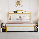 YITAHOME White Upholstered Queen Bed Frame with LED Lights, 4 Storage Drawers, and Charging Station YITAHOME