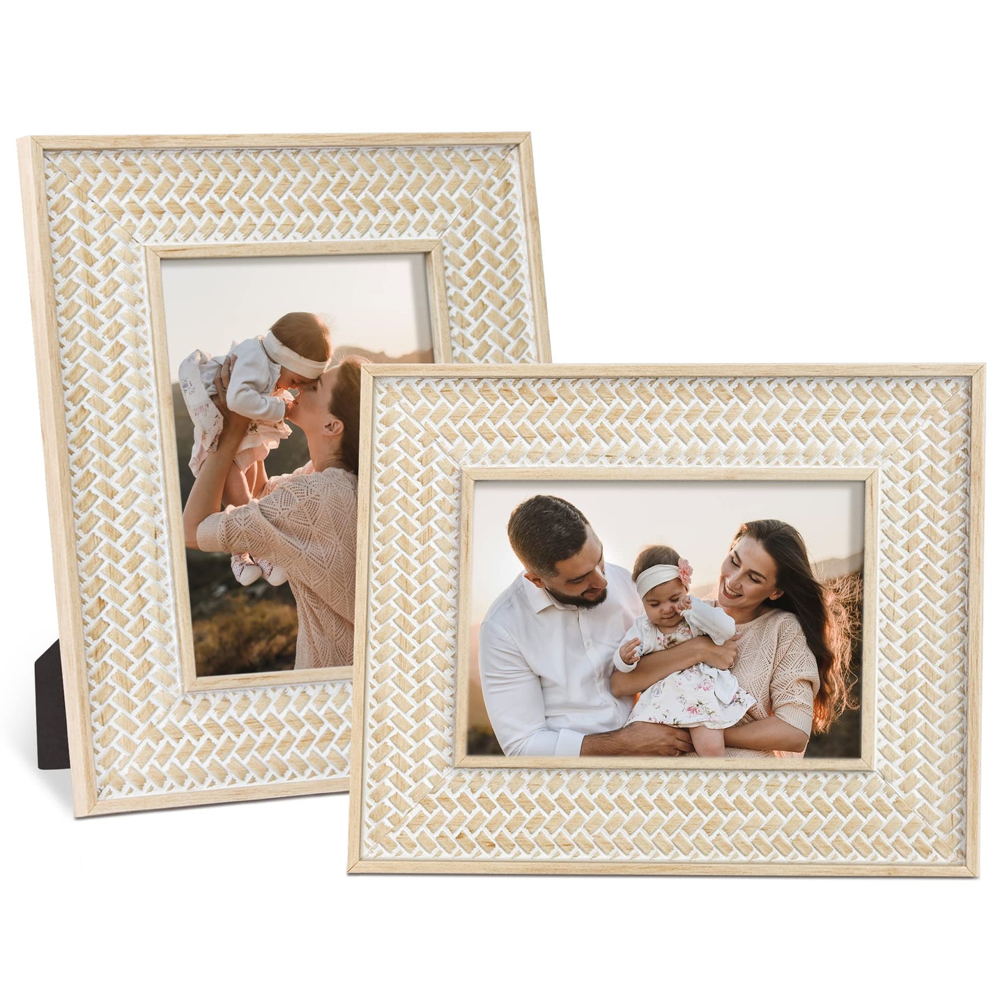 takfot Boho Picture Frames 5x7 Family Picture Frame 2 Pack, Bohemian Rattan Decor Farmhouse Style Carved Wood Frames for Wall Mount or TableTop Display Birthday Christmas Gifts