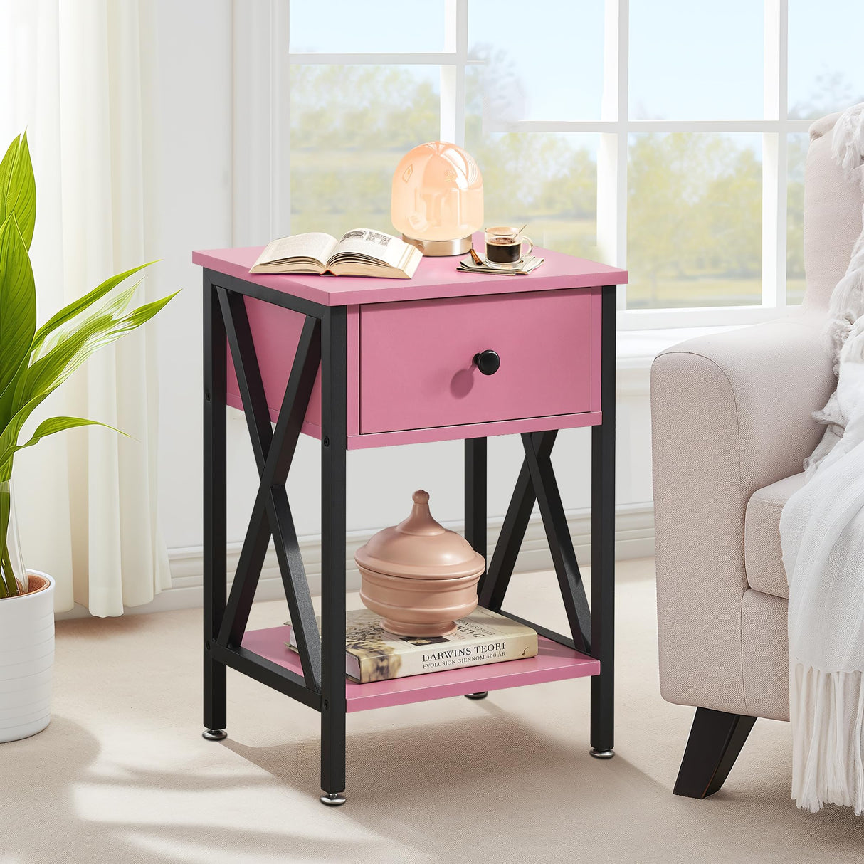 VECELO Nightstands Set of 2, Modern Bedside End Tables, Night Stands with Drawer and Storage Shelf for Living Room Bedroom, Industrial Metal Frame VECELO