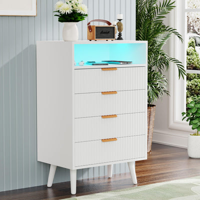 Apeaka 4 Drawer Dresser with LED Light, Wood White Dresser for Bedroom Modern Chest of Drawers 38" Tall Nightstand Bedside Table with Shelf