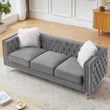 Homies Life 83" Chesterfield Sofa, Velvet Mid-Century Modern Upholstered Couch with 2 Throw Pillows and Acrylic Legs, Nailhead Button Tufted Vintage Sofa for Living Room, Apartment, Office, Grey Homies Life