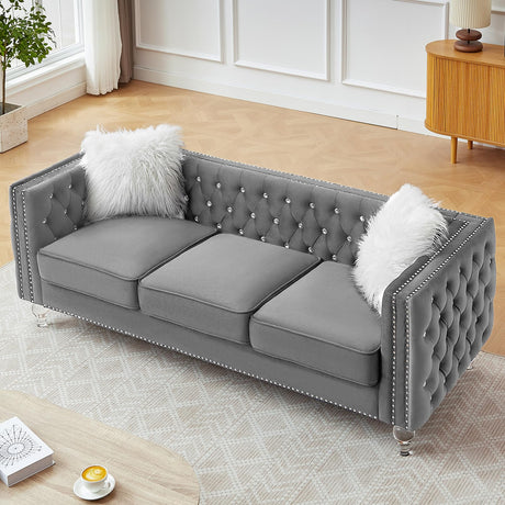 Homies Life 83" Chesterfield Sofa, Velvet Mid-Century Modern Upholstered Couch with 2 Throw Pillows and Acrylic Legs, Nailhead Button Tufted Vintage Sofa for Living Room, Apartment, Office, Grey Homies Life