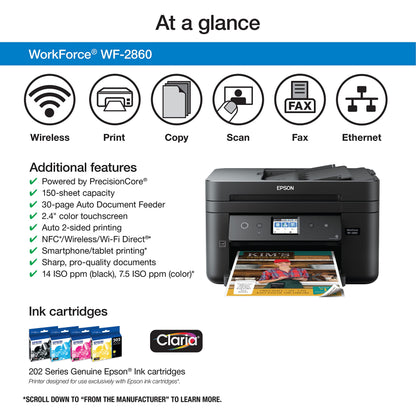 Epson Workforce WF-2860 All-in-One Wireless Color Inkjet Printer, Black - Print Scan Copy Fax - Ethernet NFC Auto 2-Sided Borderless Printing, 14 ppm, 4800 x 1200 dpi, 30-Sheet ADF, Voice Activated