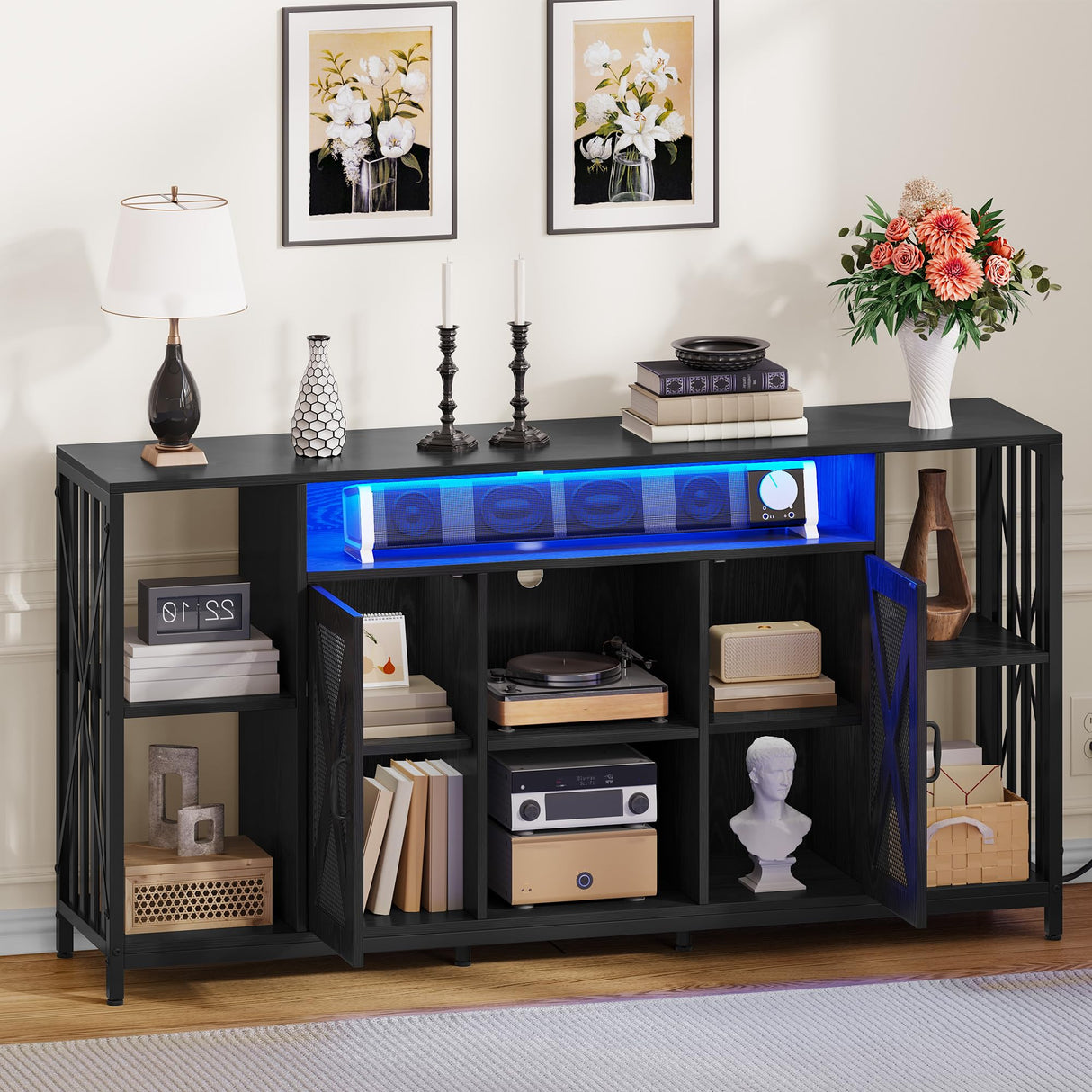 YITAHOME 33.5'' Tall TV Stands for Living Room, TV Entertainment Center with LED Light, TV Stand for TVs up to 70 Inch, Tall TV Console Cabinet with Power Outlets, Black YITAHOME