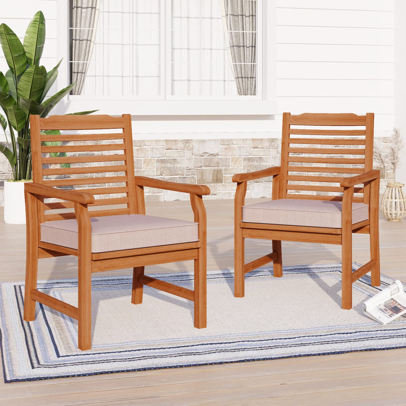 Sophia & William 2 Pieces Acacia Wood Patio Dining Chairs with Cushions, Outdoor Oil Finish Middle Back Wooden Armchairs Set of 2, Natural Wood Chairs for Porch Yard Balcony Deck, Teak - WoodArtSupply