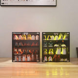 FUQIAOTEC 4 Layers LED Shoe Storage Box, Black Shoe Cabinet with Glass Doors and LED Lights, Wooden Display Shoe Box Suitable for Collection, Can be Remotely Controlled FUQIAOTEC