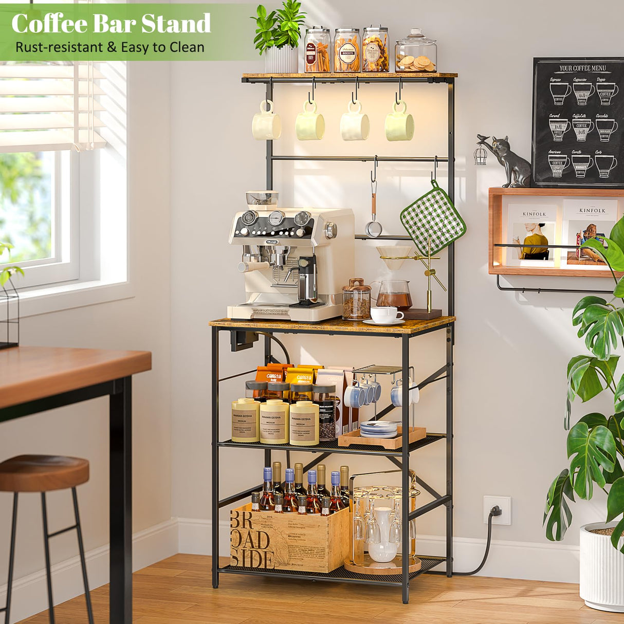 DAOUTIME Kitchen Bakers Rack with Power Outlet, 4-Tier Coffee Bar Station with 6 S Hooks, Microwave Stand for Kitchen, Living Room, Farmhouse, 23.62" W x 15.74" D x 57.13" H, Rustic Brown DAOUTIME