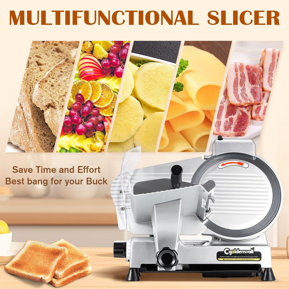 CGOLDENWALL Meat Slicer Machine 10" Commercial Meat Slicer 240W Electric Deli Meat Cheese Food Slicer 0-1/2" Adjustable Thickness Semi-Auto Frozen Meat Slicer for Home, Copper Motor Low Noise Durable CGOLDENWALL