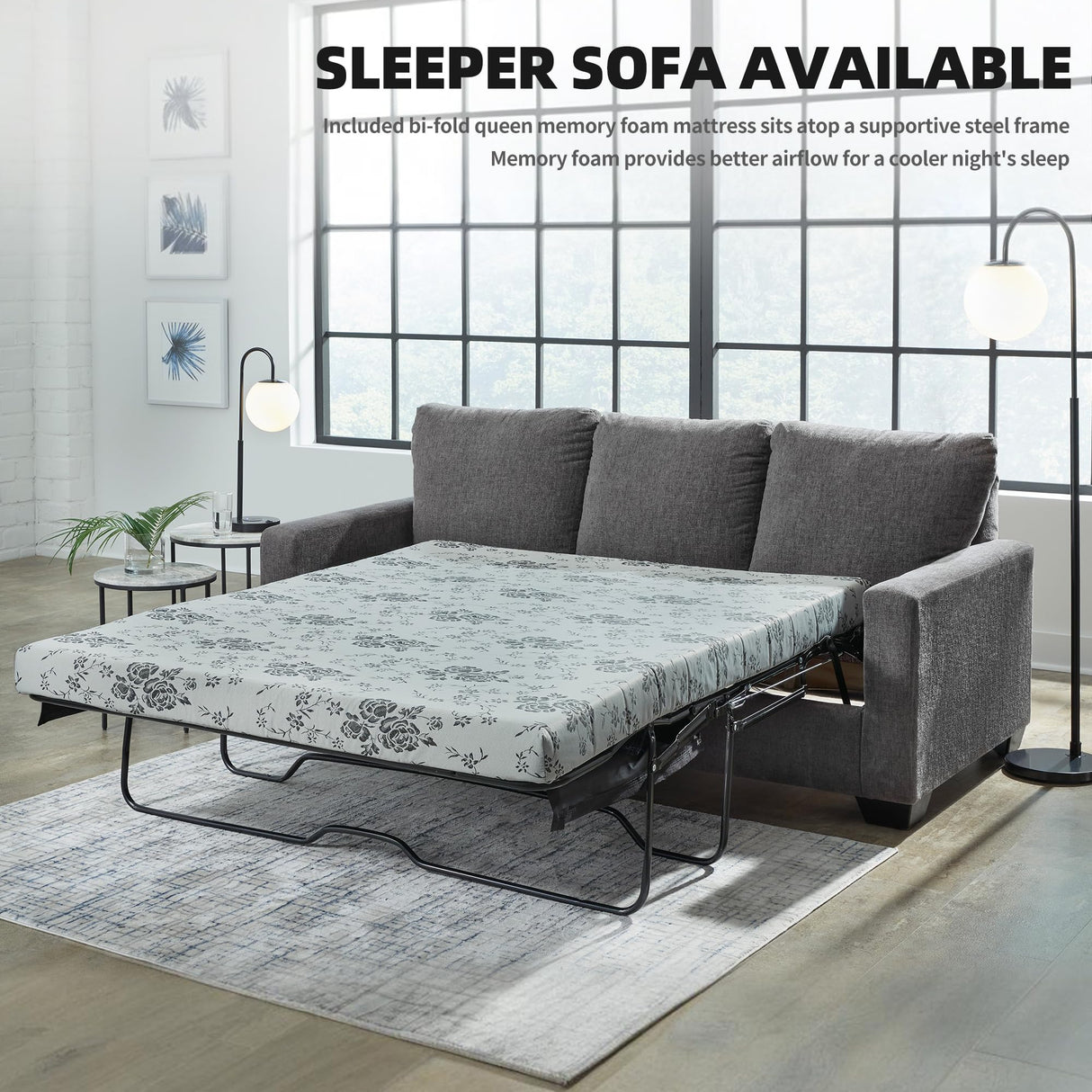 Signature Design by Ashley Rannis Casual 2-in-1 Sofa Sleeper with Folding Gel Memory Foam Mattress, Queen, Gray Signature Design by Ashley