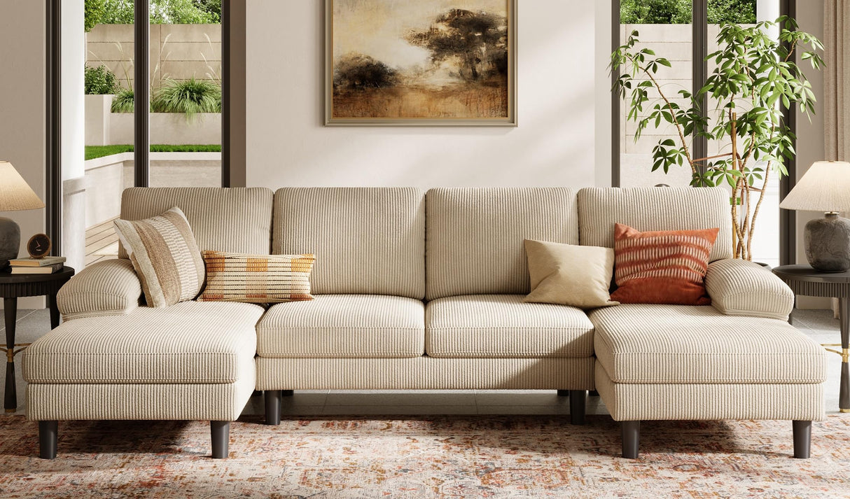 LINSY HOME Sectional Couch, 111'' W Corduroy U Shaped Sofa with Sleepable Armrests, 4 Seat Couch with Double Chaises, Deep Seat Sofa for Living Room, Beige LINSY HOME