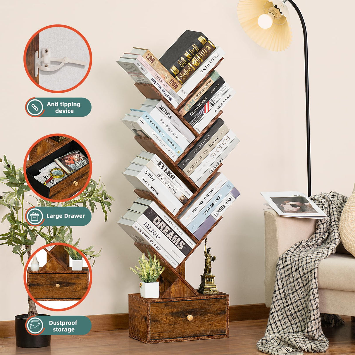 SHEEPAM 8-Tier Tree Bookshelf with Drawer - Rustic Brown Free Standing Bookcase for Small Spaces SHEEPAM