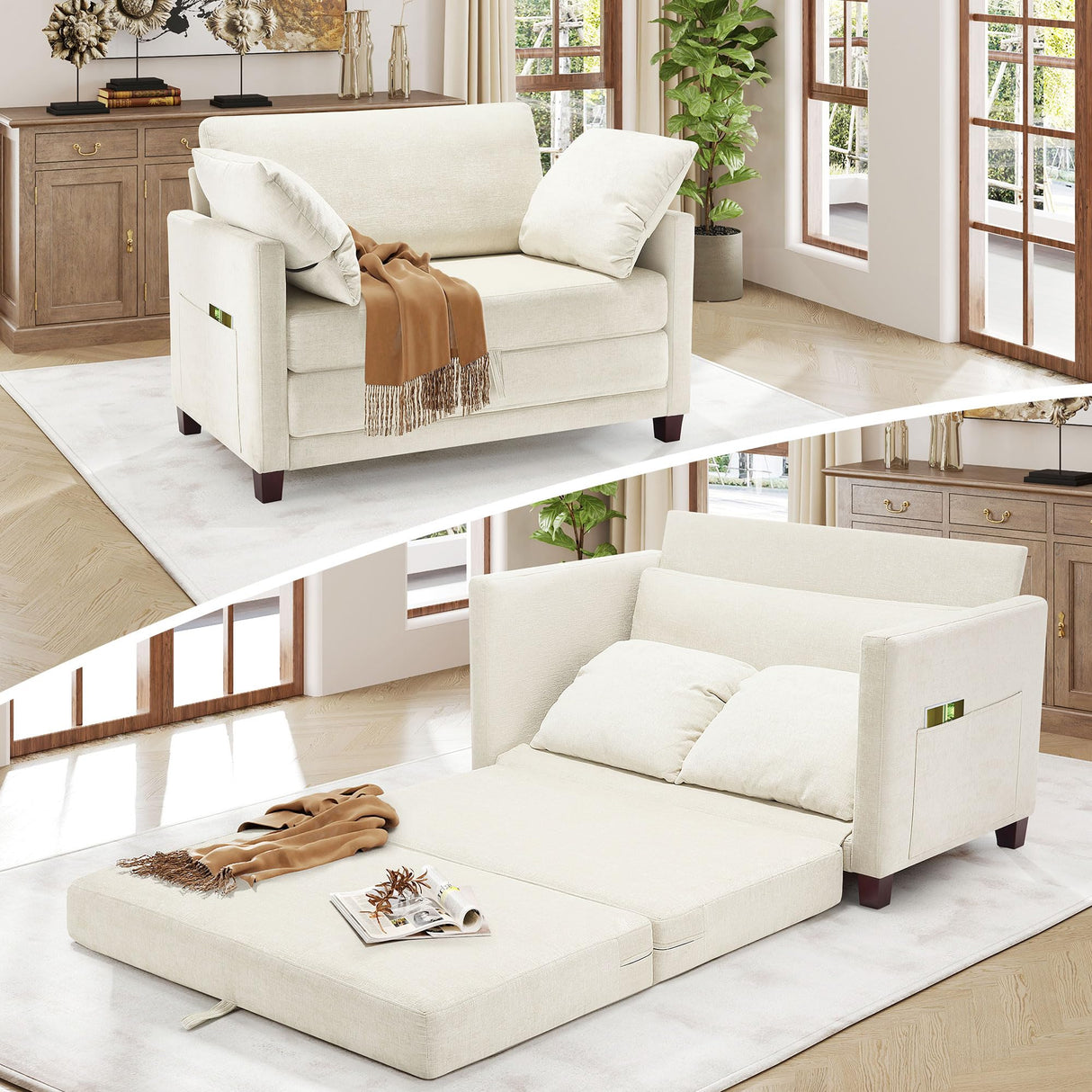 kakuboohi 51" Loveseat Sleeper Sofa Bed, Chenille Convertible Floor Sofa Bed for Small Spaces, Folding Couch Bed with Deep Seat, 2 Pillows & Solid Frame, Pull Out Floor Couch for Living Room, Beige kakuboohi