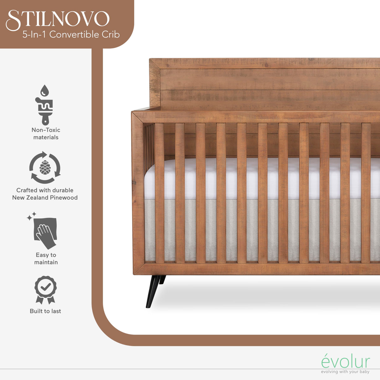 Evolur Stilnovo Mid Century 4-in-1 Convertible Crib Evolur