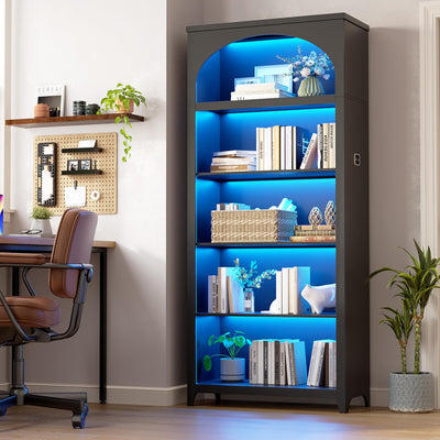 jajov 5-Tier Wooden Bookshelf with LED Lights, 70 Inch Tall Bookshelf with Storage, Floor Standing Modern Style Display Bookcase for Living Room, Office, Study Room, Entryway - Black