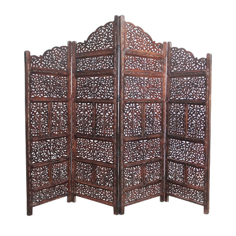 Room Divider Wood Screen - Mahanadi Antique Brown - 4 Panel Folding 72x80 - Wooden Hand Carved Screen Decorative Functional Versatile - Small Spaces Reversible Privacy Partition - COTTON CRAFT COTTON CRAFT