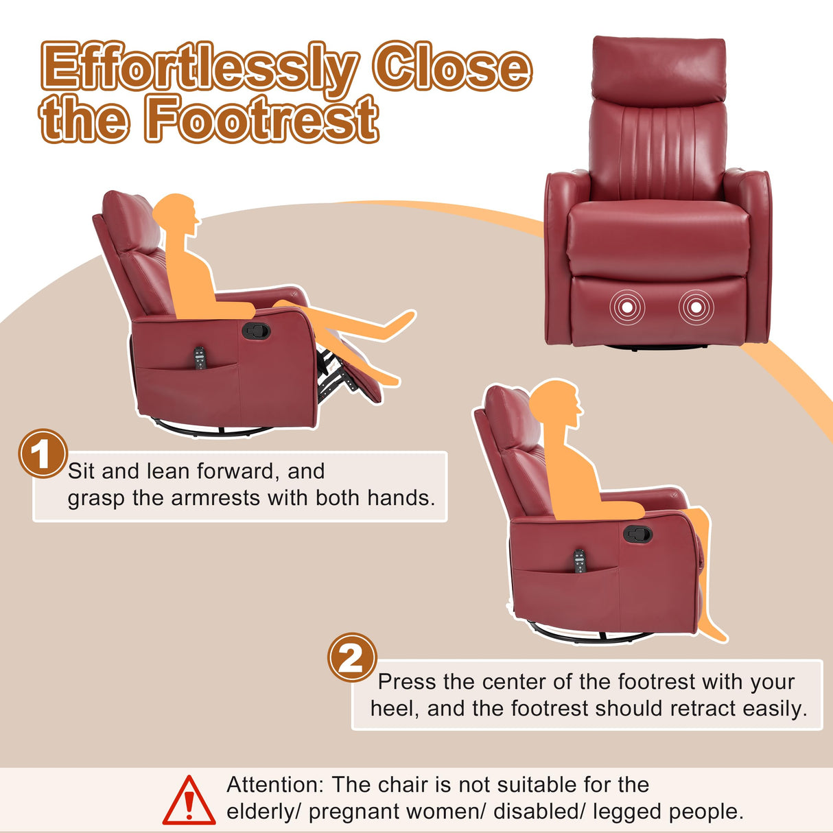 Manual Swivel Rocker Recliner Chair for Adults, Overstuffed Recliner Glider with Massage and Heat, Living Room Reclining Chair, PU Leather Red Luxlen