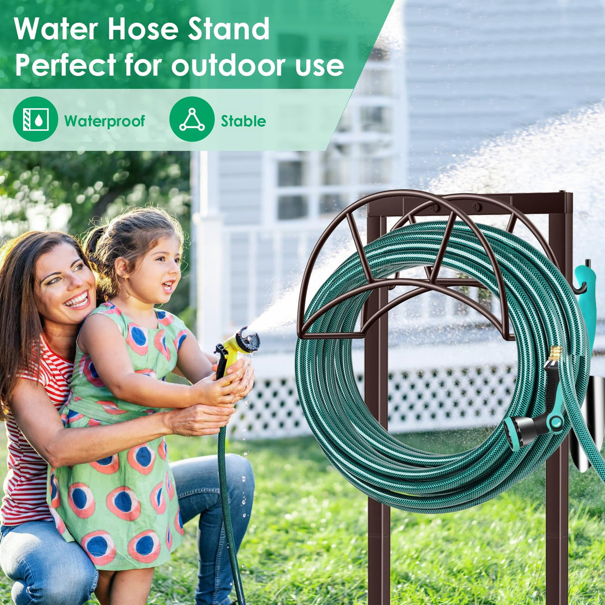 TomCare Garden Hose Holder Upgraded 4 Spikes Water Hose Holder with 2 Tool Hooks Sturdy Hose Reel Holds 150ft Hose Freestanding Hose Stand Hose Hanger Hose Storage for Outside Yard Lawn, Bronze TomCare