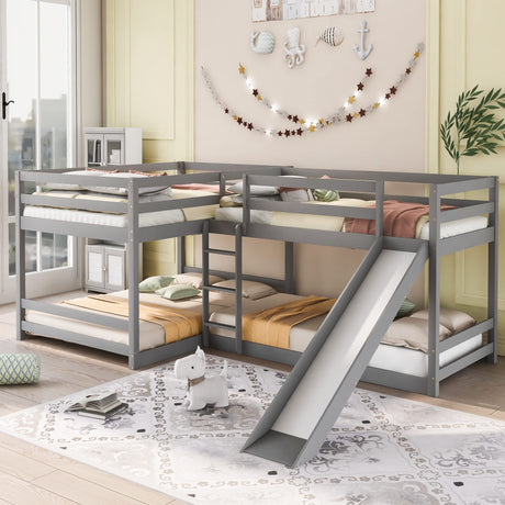 Quad Bunk Beds with Slide, L Shape Bunk Bed for 4, Full Over Full Bunk Bed & Twin Over Twin Bunk Bed, Wood Corner Bunk Beds for Kids Boys Girls Teens (4 Beds, Gray) Bellemave