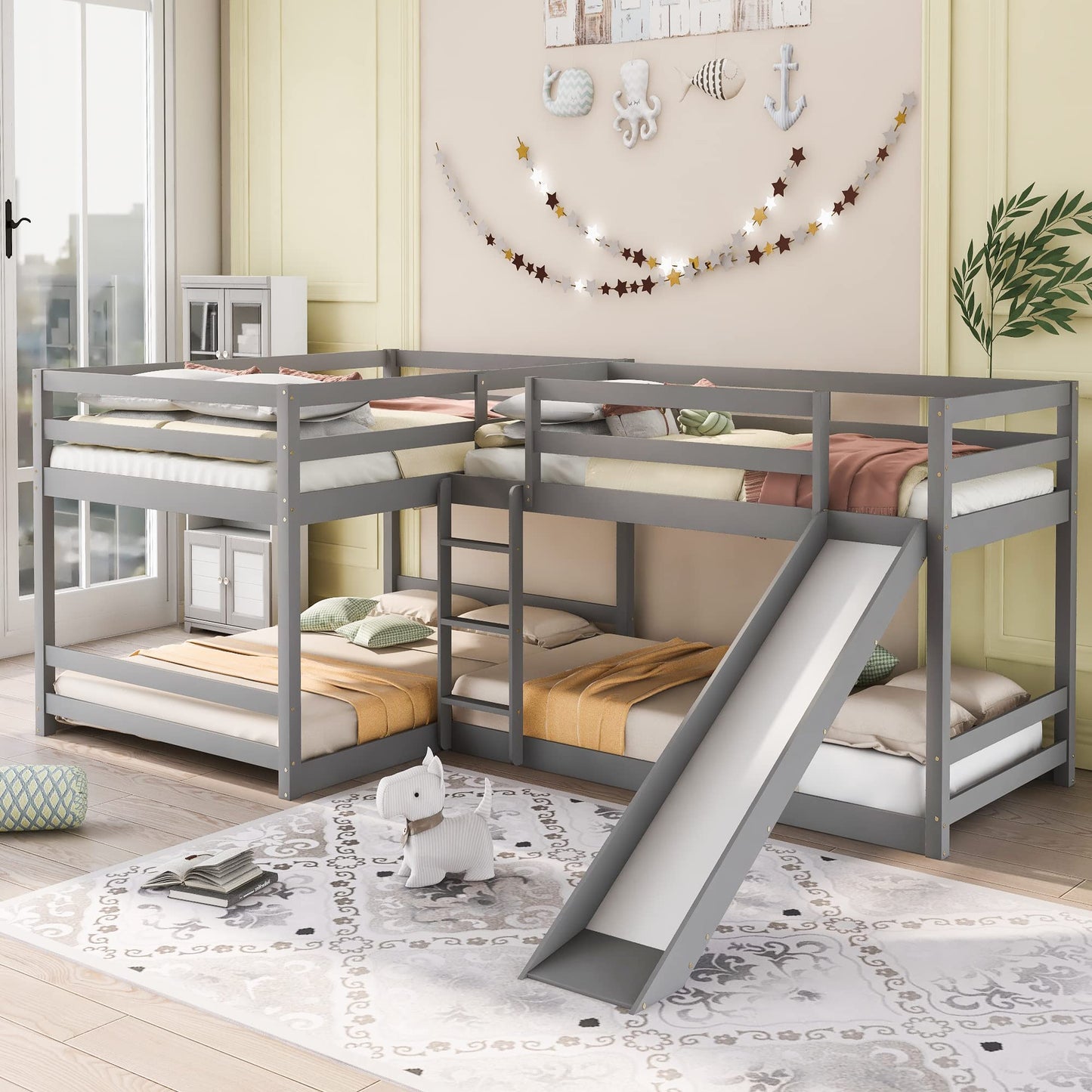 MhaRt Quad Bunk Beds with Slide, L Shape Bunk Bed Compatible with 4, Full Over Full Bunk Bed & Twin Over Twin Bunk Bed, Wood Corner Bunk Beds Compatible with 0 Teens (4 Beds, Gray),Modern Style