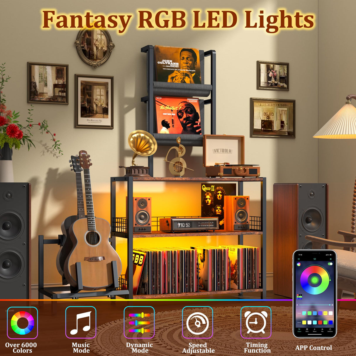 kepptory Tall Vinyl Record Player Stand with LED Lights, 3 Tier Record Storage Cabinet with Vinyl Holder and Guitar Stand, Media Display Shelf, Mid Century Modern Bookshelf, Turntable Stand (Brown) kepptory