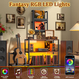 kepptory Tall Vinyl Record Player Stand with LED Lights, 3 Tier Record Storage Cabinet with Vinyl Holder and Guitar Stand, Media Display Shelf, Mid Century Modern Bookshelf, Turntable Stand (Brown) kepptory