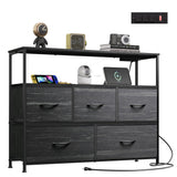 WLIVE Dresser for Bedroom, 5 Drawer Dressers with Charging Station, Fabric Chest of Drawers with Open Shelves, Storage Dresser for Living Room, Closet, Entryway, Charcoal Black Wood Grain Printt WLIVE