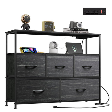 WLIVE Dresser for Bedroom, 5 Drawer Dressers with Charging Station, Fabric Chest of Drawers with Open Shelves, Storage Dresser for Living Room, Closet, Entryway, Charcoal Black Wood Grain Printt WLIVE