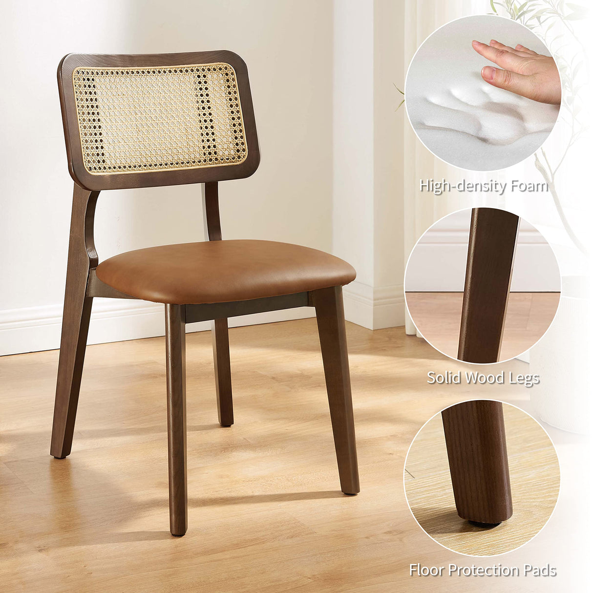 Art Leon Ash Wood Rattan Dining Chairs Set of 2, Genuine Leather Kitchen Chairs, Mid Century Modern Dining Room Chairs with Rattan Back, Armless Side Chairs with Walnut Wood Frame, Brown Art Leon