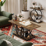 GiftGo Rustic Coffee Table with Storage Industrial 3 Tier Center Living Room Table Farmhouse Wooden Rectangle Cocktail Tea Table for Office Bedroom Elegant Full Moon Round Metal Frame (Brown, L-47) GiftGo