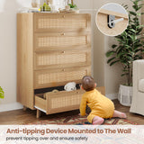 VIAGDO Rattan Dresser for Bedroom, 5 Drawer Dresser with Natural Rattan Drawers, Wooden Tall Dresser with Gold Handles, Modern Closet Dressers Chest of Drawers for Nursery Entryway Living Room VIAGDO