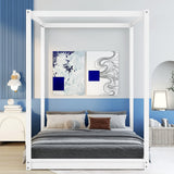 MWrouqfur 4-Poster Queen Size Canopy Floor Bed Frame,Morden Wood Low Profile Platform Beds with Wooden Slats Support, No Box Spring Needed (White) MWrouqfur