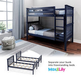 Max & Lily Bunk Bed Twin over Twin, Solid Wood Bunk Bed Frame with Ladder for Kids, 14" Safety Guardrails, Easy Assembly, No Box Spring Needed, Blue Max & Lily