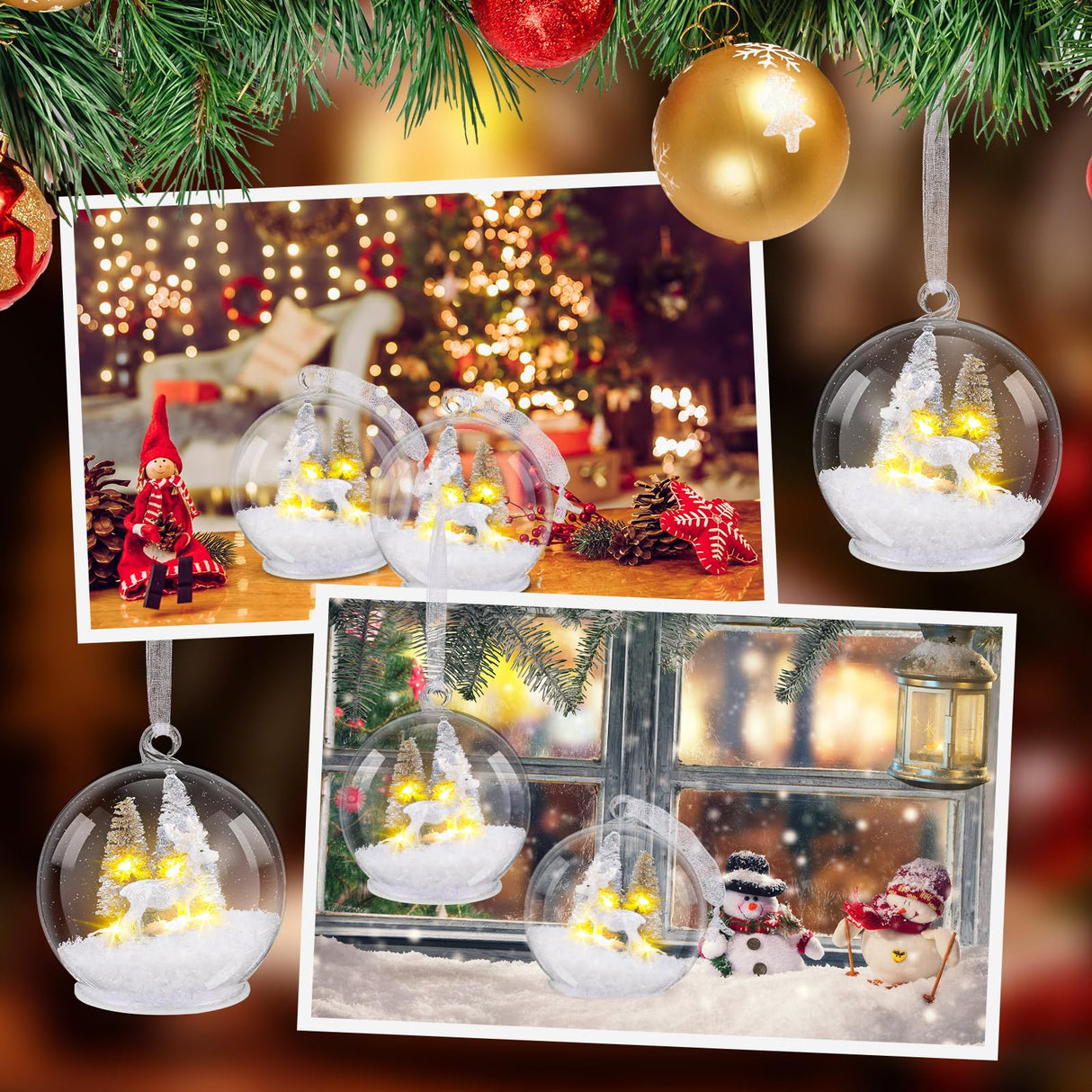 Syhood 4 Christmas Elk Crystal Ball Light up Reindeer Tree Ornaments 4 Inch LED Hanging Ball Lamp for Christmas Tree Memorial Gift LED Light Xmas Holiday Decorations Syhood