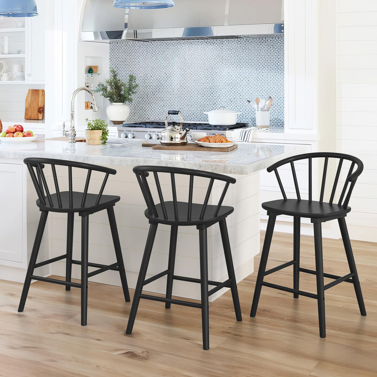 LUE BONA Wood Bar Stools with Semicircular Backrest, Black Farmhouse Barstools Set of 3, Modern Counter Height Bar Stools for Kitchen Island, 24 Inch LUE BONA