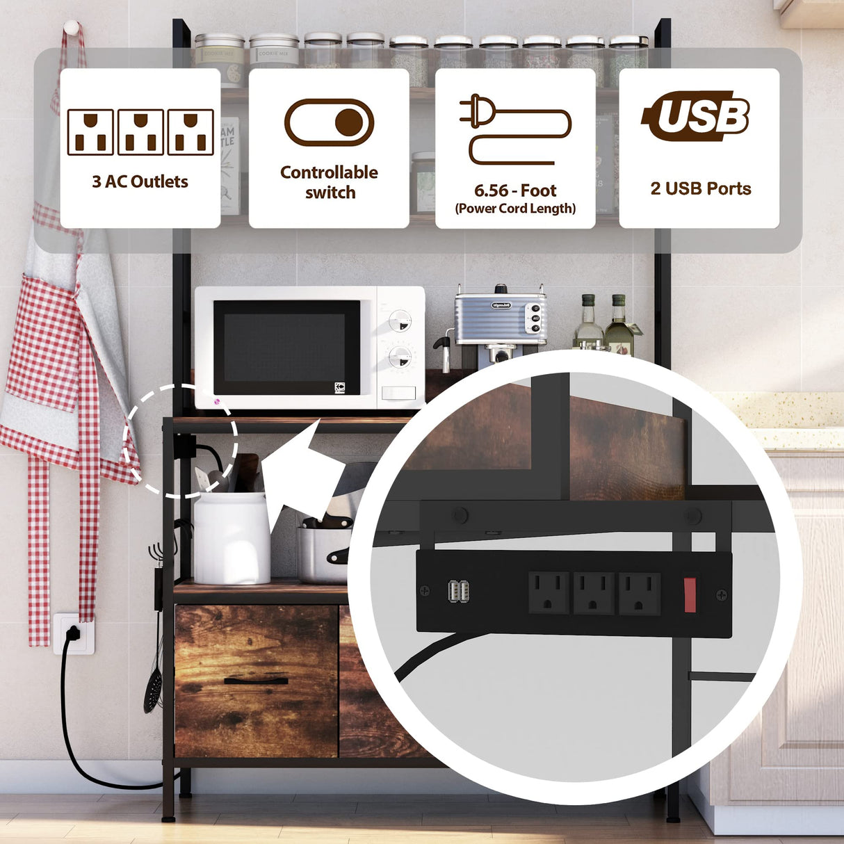 NAIYUFA Kitchen Bakers Rack with Power Outlet,5-Tier Free Standing Storage Shelf Bakers Rack with Baskets,Industrial Microwave Oven Stand,Metal Kitchen Rack Organizer with Hooks NAIYUFA