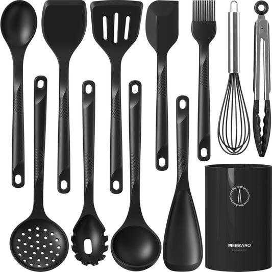 Silicone Cooking Utensils Set - 600°F Heat Resistant, Nonstick Kitchen Utensil Set with Spatulas, Spoons, Whisk, Tongs, BPA Free, Dishwasher Safe, Black