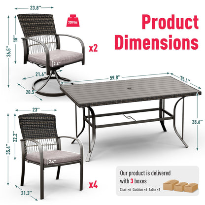 Pamapic 7 Piece Patio Dining Set for 6,Outdoor Wicker Furniture Set for Backyard Garden Deck Poolside with 4 Dining Chairs and 2 Swivel Rockers,Iron Slats Table Top, Removable Cushions(Gray) - WoodArtSupply