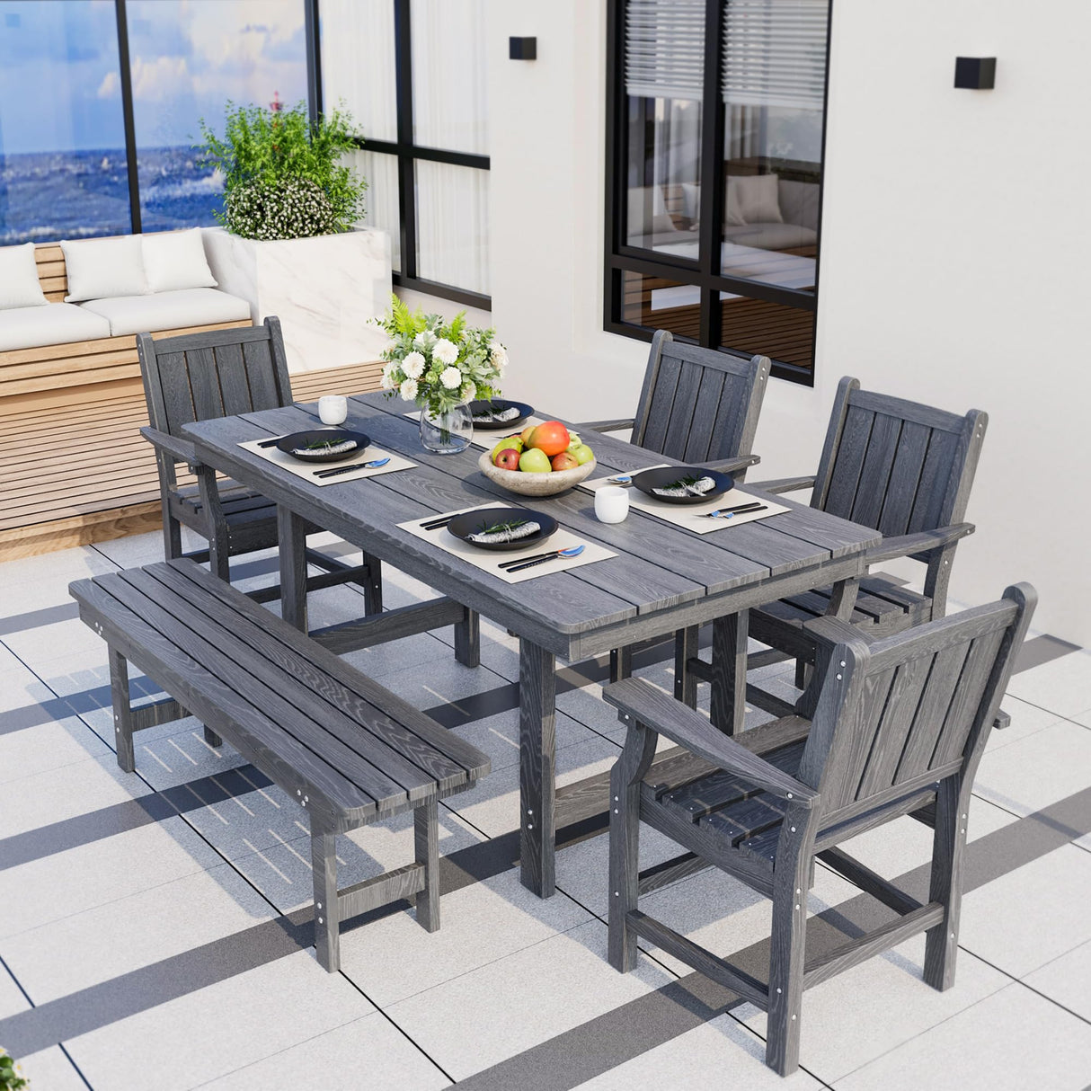 Pamapic 6 PCS Outdoor Dining Set, Spacious HDPE Outdoor Table with 4 Chairs and 1 Bench, Wood Grain Patio Furniture Sets with Elegant Armrest, All-Weather Patio Dining Table with Umbrella Hole, Gray Pamapic