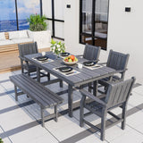 Pamapic 6 PCS Outdoor Dining Set, Spacious HDPE Outdoor Table with 4 Chairs and 1 Bench, Wood Grain Patio Furniture Sets with Elegant Armrest, All-Weather Patio Dining Table with Umbrella Hole, Gray Pamapic