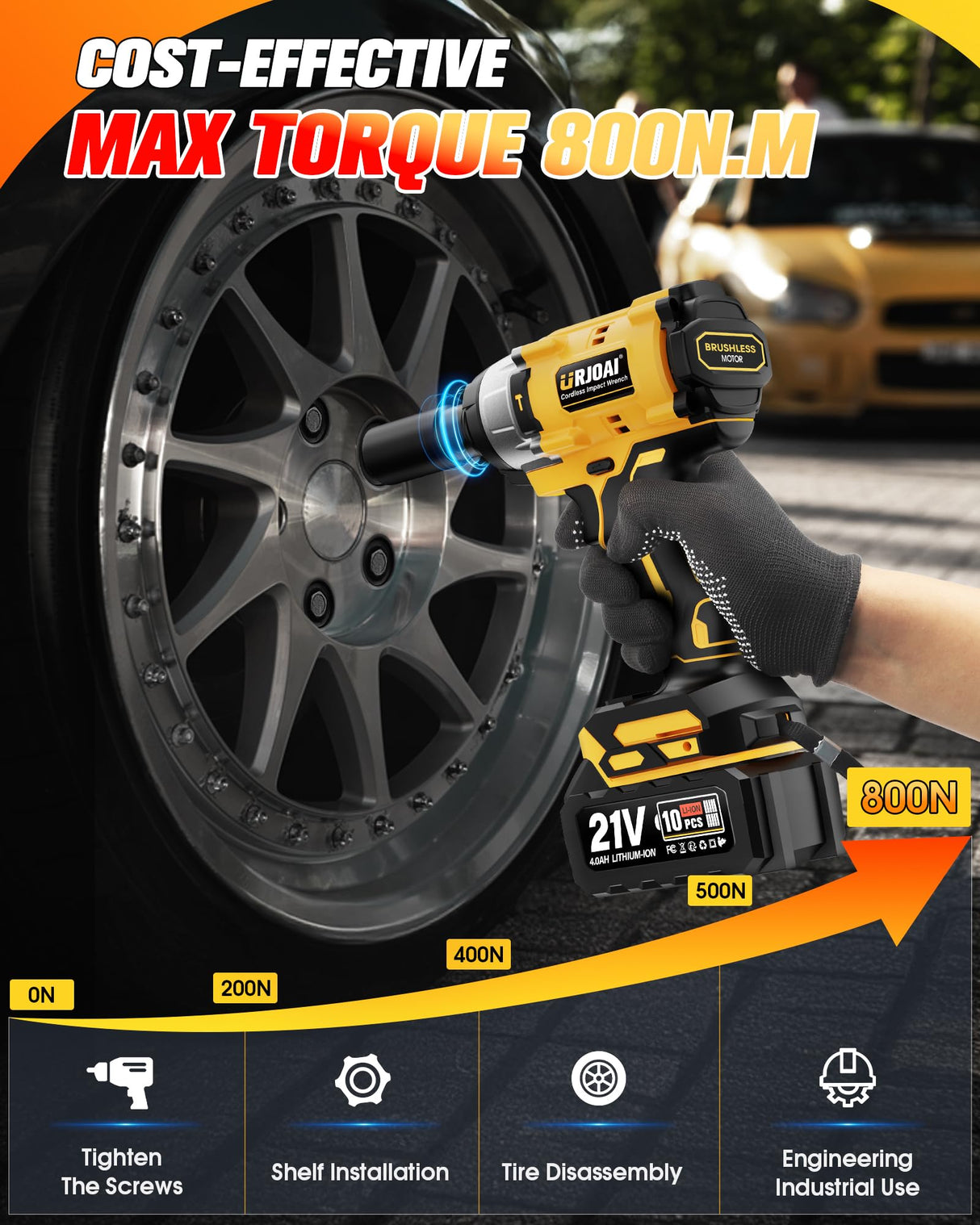 Urjoai Cordless Impact Wrench - 590Ft-lbs (800N.m) Brushless 1/2 inch, 3300RPM High Torque Impact Gun, 2x 4.0Ah Battery, Charger & 7 Sockets, Electric Impact Wrench for Car Home Urjoai