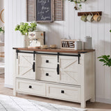 T4TREAM Farmhouse Sideboard Buffet Cabinet with Storage, 31.2'' Tall Kitchen Cabinet with 2 Sliding Barn Doors and 4 Drawers, Rustic Wood Coffee Bar Table for Dining Room, Antique White T4TREAM