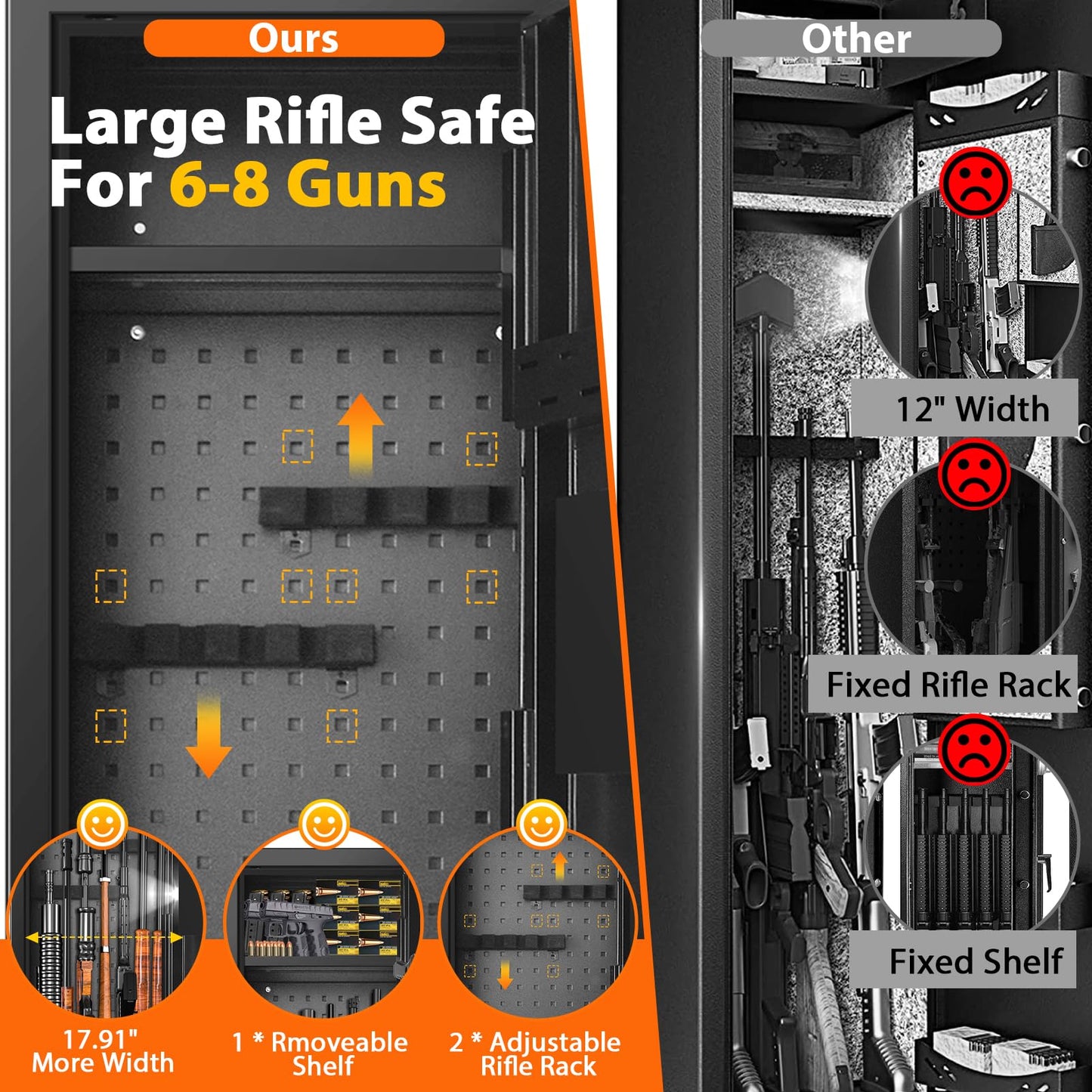 Nebakne [𝟐𝟎𝟐4𝐍𝐄𝐖] 51" 8 Fireproof Rifle Safe for Home USE, 70Lb Gun Safes for Home Rifles and Pistols, Anti-Theft Gun Safes for Rifles and Shotguns with 2 Adjustable Rifle Rack & Silent Mode