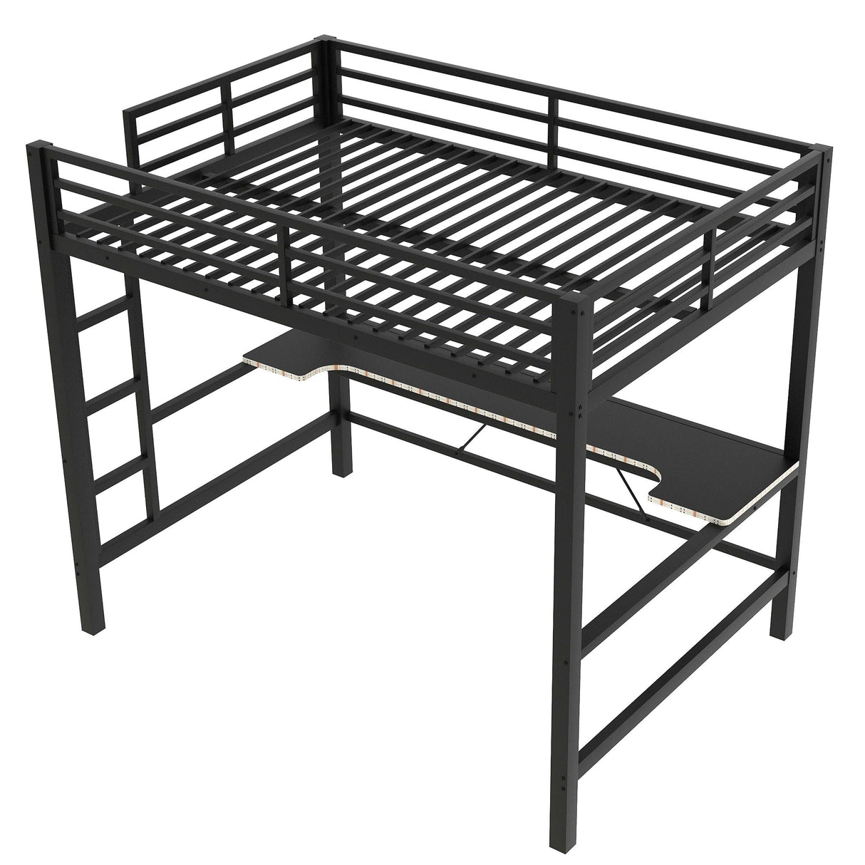 SOFTSEA Full Gaming Loft Bed with Desk & LED Lights, Heavy-Duty Metal Loft Bed with USB Charging Stations, Full Size Gaming Bed with Guardrails for Adults Kids Teens, Easy Assembly, Black SOFTSEA