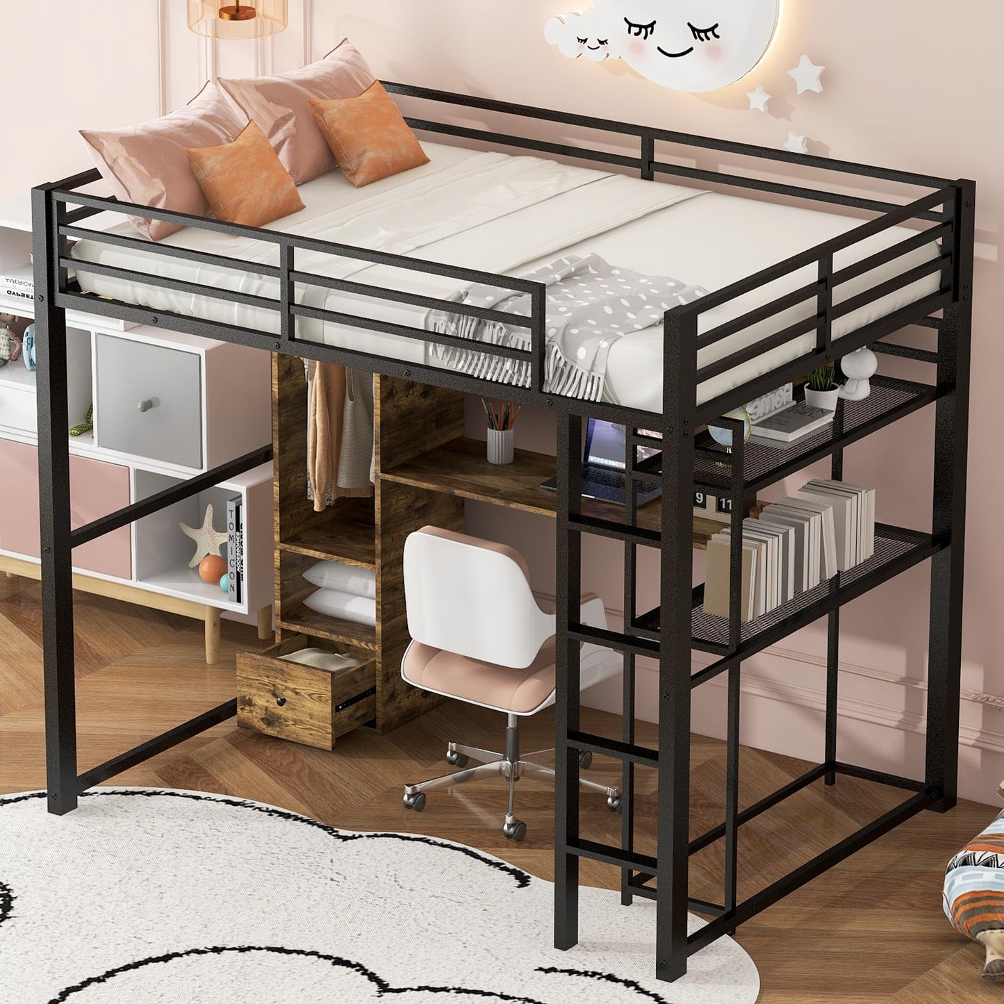 Metal Full Size Loft Bed with Desk,Heavy Duty Loft Bed with Wardrobe and Storage Shelves,Loft Bed Full Size with Drawers, Black Loft Bed for Kids,Teens,Adults