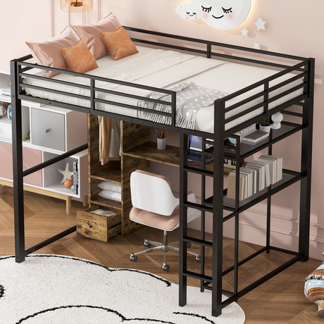 Ball & Cast Metal Loft Bed Full Size,Bunk Frame with Built-in Wardrobe and Drawer,Multifunctional Bebframe W/Shelves & Wood Desk,Full-Length Guardrails,Slats Support,for Bedroom,Apartment,Black Ball & Cast