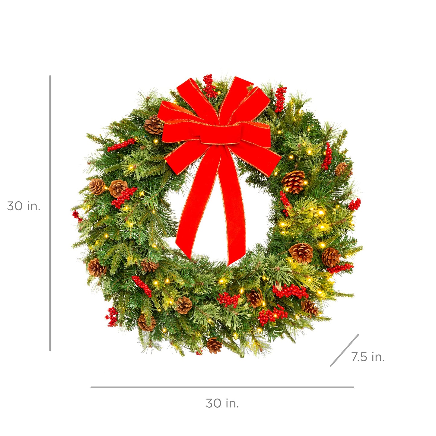 Best Choice Products 30in Pre-Lit Battery Powered Christmas Wreath Artificial Pre-Decorated Holiday Accent w/ 100 Lights, 276 PVC Tips, Ribbons, Pine Cones