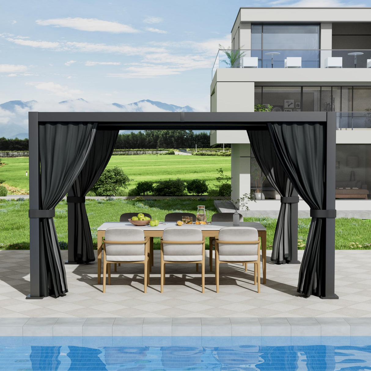 10'×13' Outdoor Louvered Pergola, Aluminum Outdoor Louvered Pergola Patio with Adjustable Roof for Outdoor Deck, Backyard, Garden (10x13FT with Curtain) GS CHIER