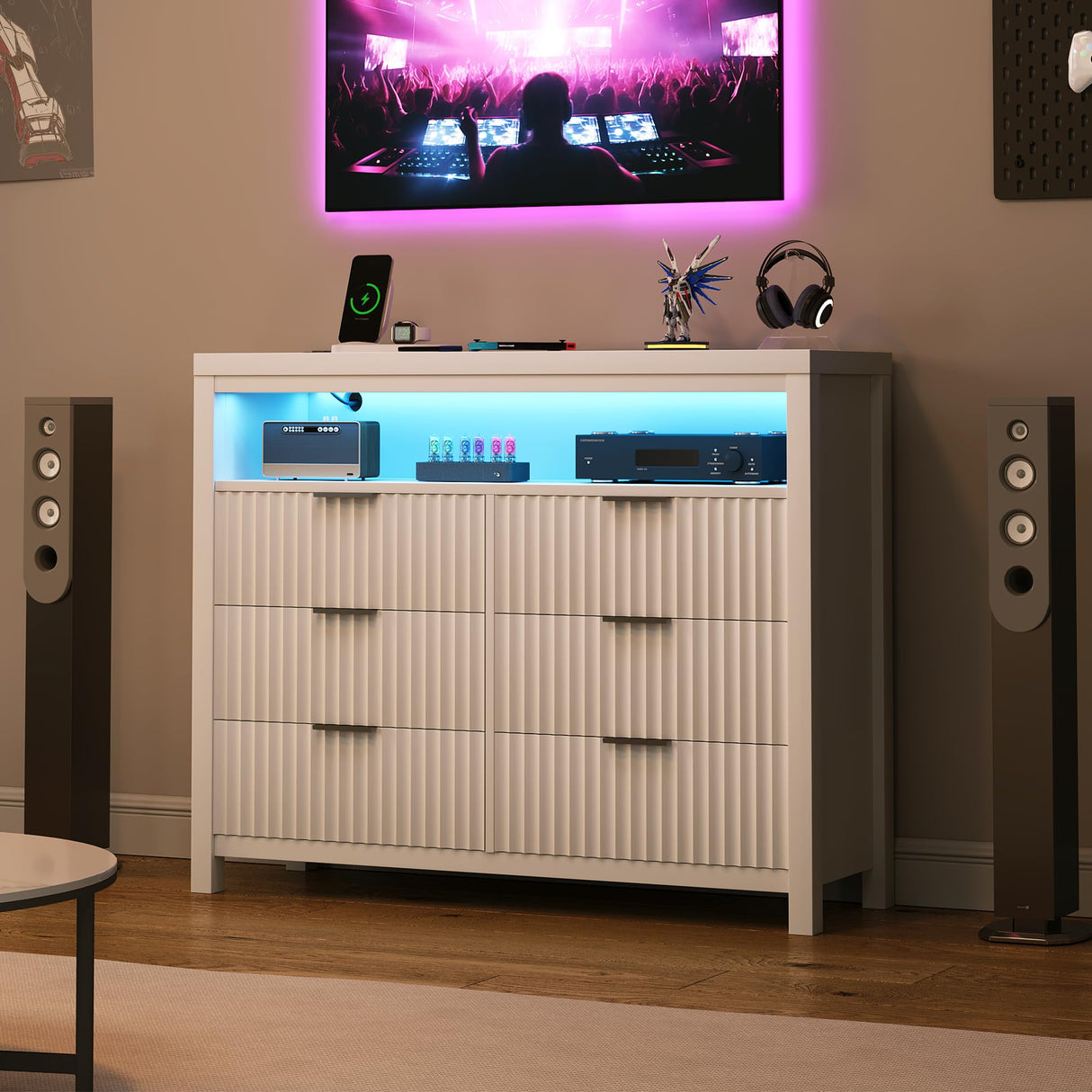 Fluted 6 Drawer Dresser with Power Outlet and LED Lights,Modern Chest of Drawers with Charging Station,Large Dresser TV Stand,Double Wooden Drawer Organizer for Bedroom,Living Room, Hallway(White) Jocoevol